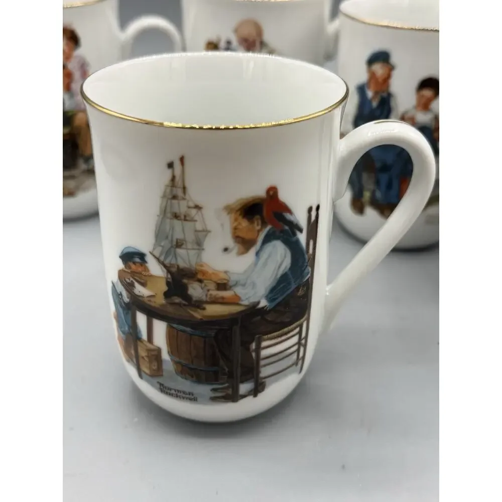 Set 5 Norman Rockwell Museum Coffee Mugs Japan Gold Rim Vintage Cups
